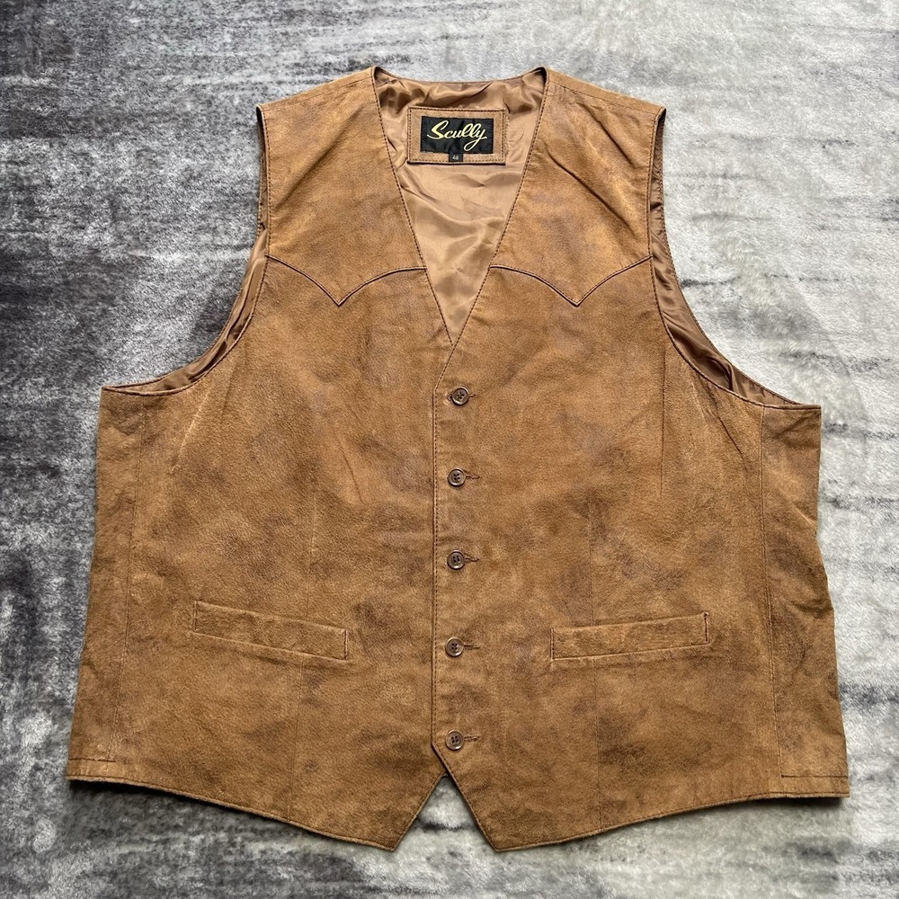 Scully Men's Distressed Leather Vest Size 48 Western Cowboy Button Front Brown